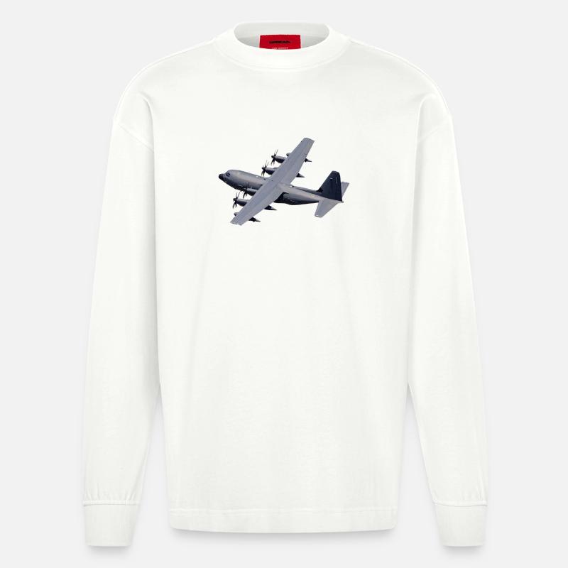 C-130 Grau Silhouette - Heavyweight Oversized Organic Langarmshirt Made in EU - OFF WHITE