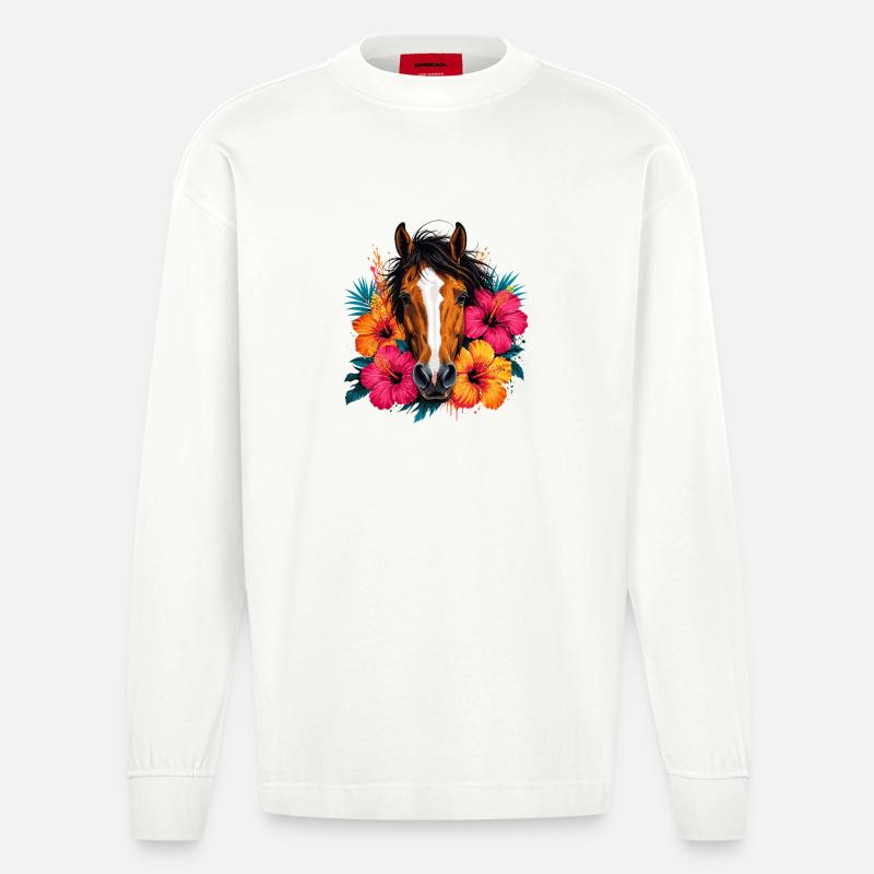 Pferd mit tropischen Blüten - Heavyweight Oversized Organic Langarmshirt Made in EU - OFF WHITE