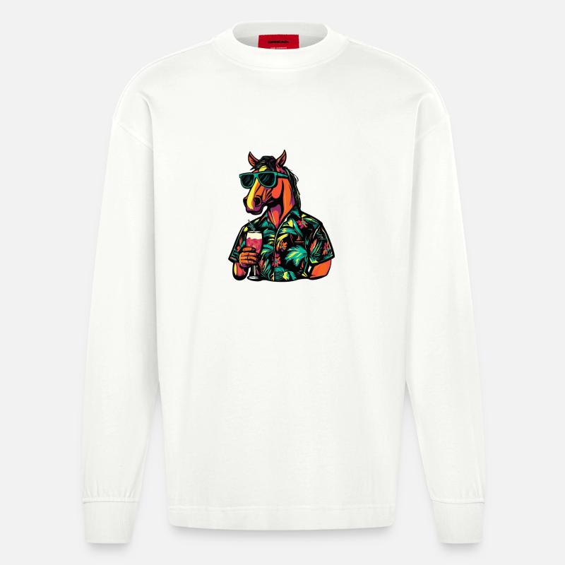 Pferd Comic Sommer - Heavyweight Oversized Organic Langarmshirt Made in EU - OFF WHITE