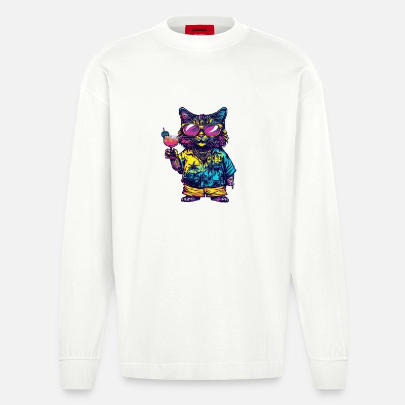 Katze Comic Sommer - Heavyweight Oversized Organic Langarmshirt Made in EU - OFF WHITE