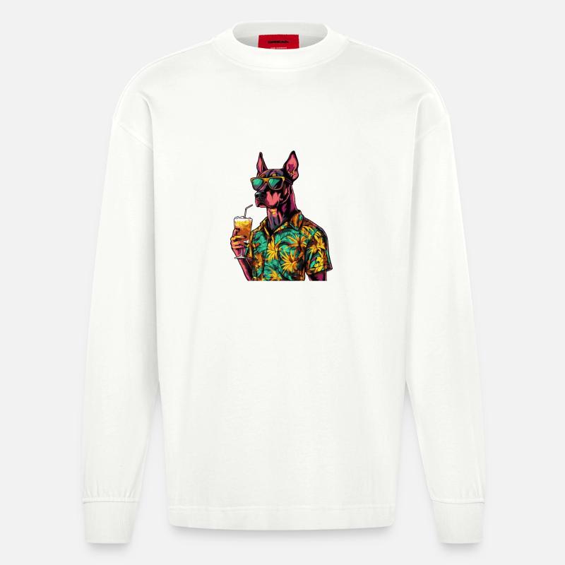 Dobermann Hund Comic Sommer - Heavyweight Oversized Organic Langarmshirt Made in EU - OFF WHITE