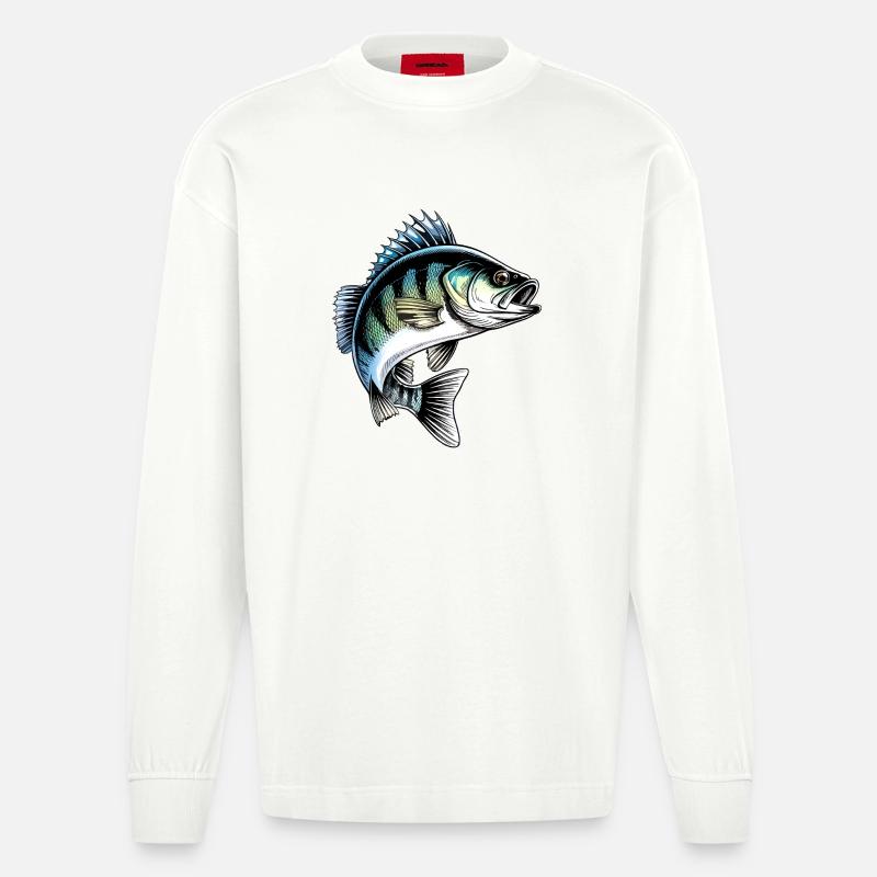 Jumping Perch Dynamic Fish Illustration - Heavyweight Oversized Organic Longsleeve Shirt Made in EU - OFF WHITE