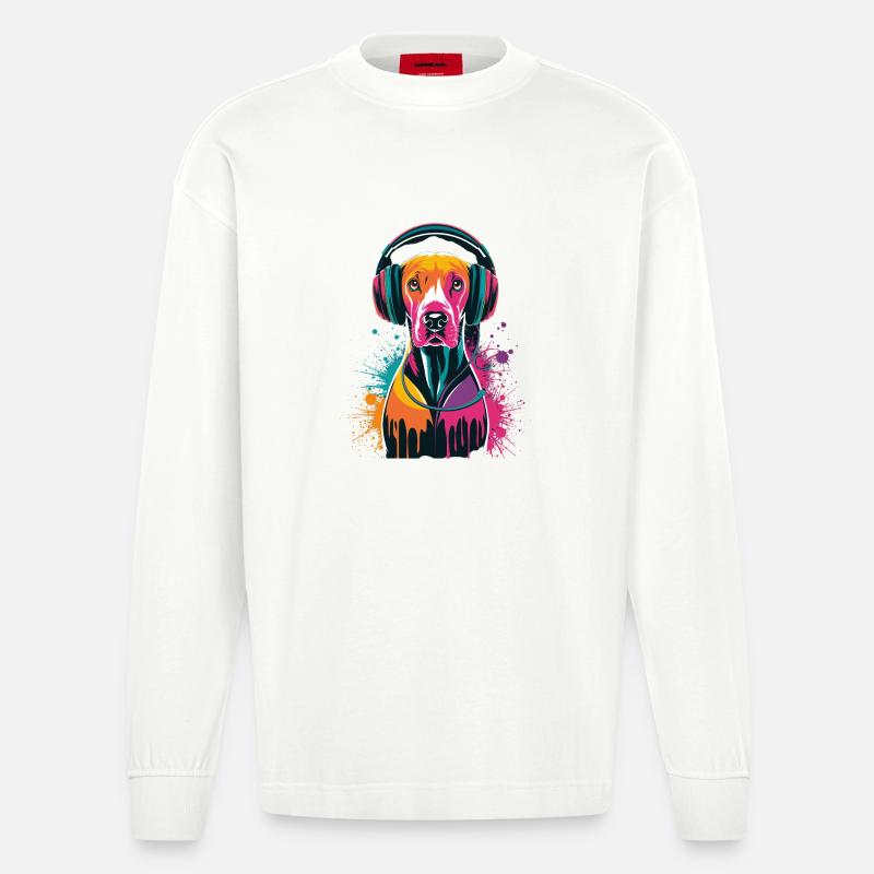 Viszla mit Kopfhörer - Heavyweight Oversized Organic Langarmshirt Made in EU - OFF WHITE