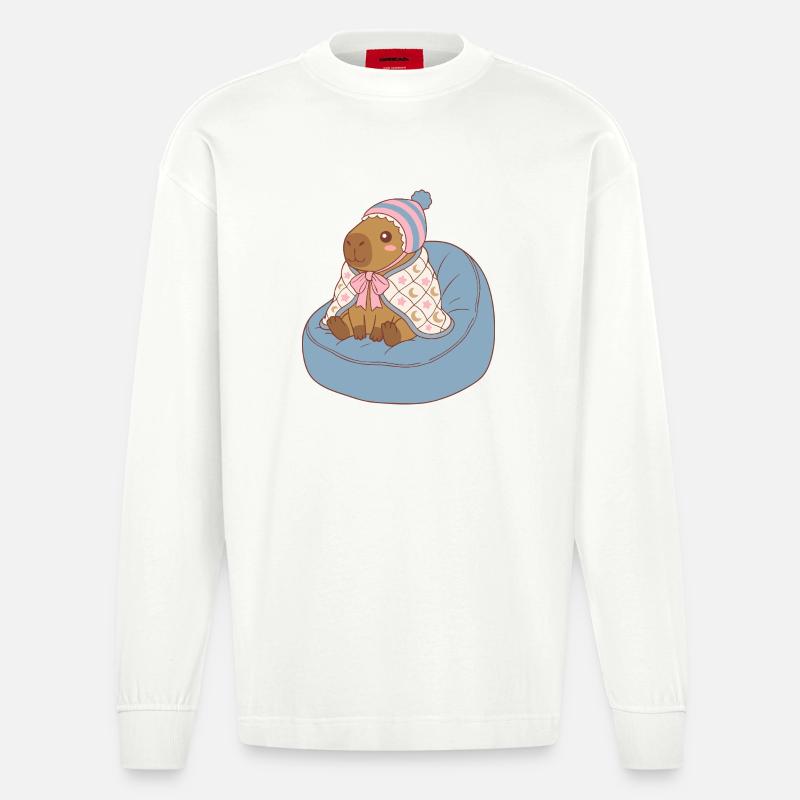 Cuddle Capybara Moonstar-Decke – Kawaii-Design - Heavyweight Oversized Organic Langarmshirt Made in EU - OFF WHITE