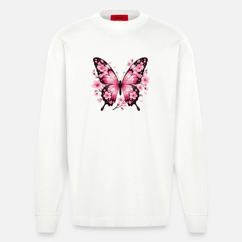 Papillon aux ailes de fleurs roses - Manches longues bio épais oversize fabriqué en UE - OFF WHITE