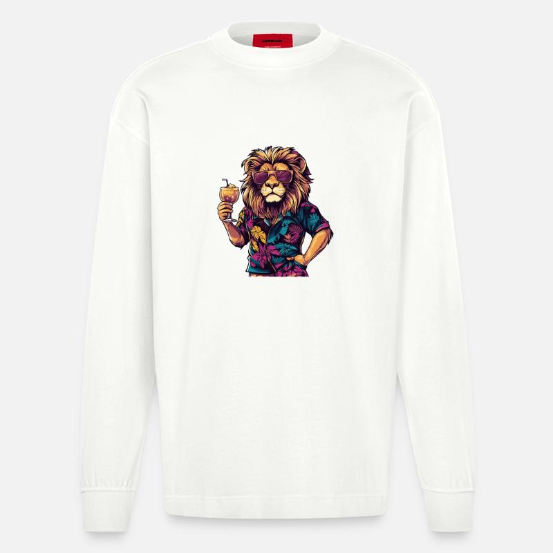 Löwe Comic Sommer - Heavyweight Oversized Organic Langarmshirt Made in EU - OFF WHITE