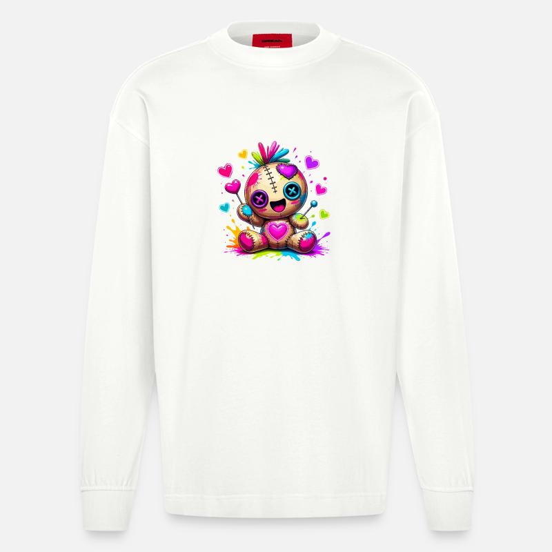 Patchwork-Kuscheltier mit Neonherzen - Heavyweight Oversized Organic Langarmshirt Made in EU - OFF WHITE