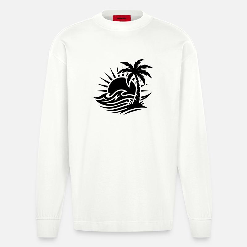 Océan Palm Tree Beach - Manches longues bio épais oversize fabriqué en UE - OFF WHITE