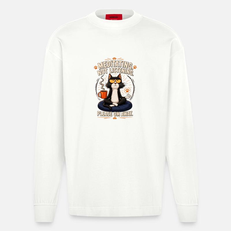Chat Om en méditation - Manches longues bio épais oversize fabriqué en UE - OFF WHITE