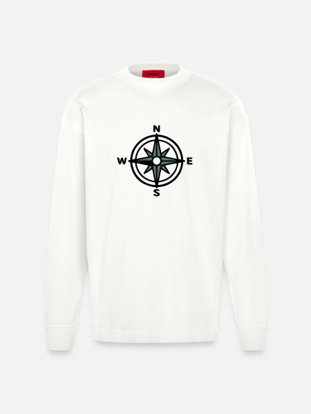 Compass Navigation Hiking Scout Outdoor - Heavyweight Oversized Organic Longsleeve Shirt Made in EU - OFF WHITE