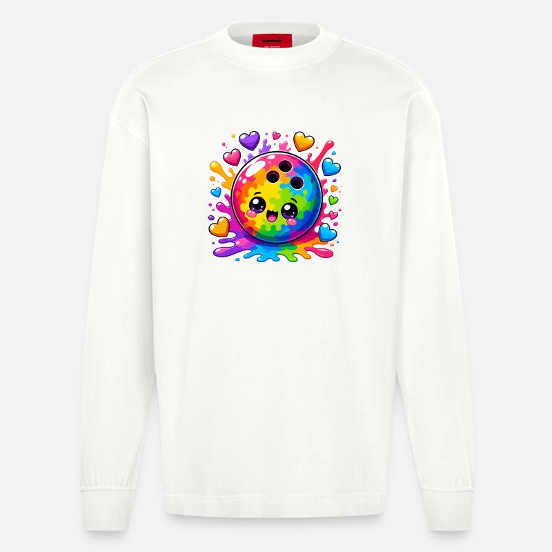 Kunterbunte Bowlingkugel mit Herzen  - Heavyweight Oversized Organic Langarmshirt Made in EU - OFF WHITE