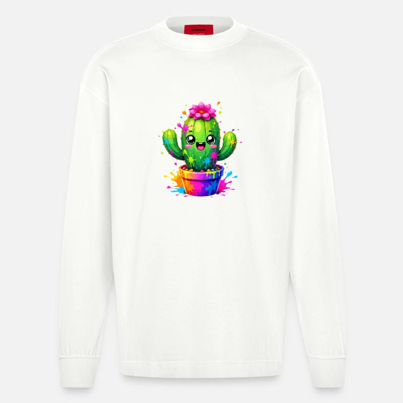 Cactus Joyeuses Fleurs Éclaboussurées - Manches longues bio épais oversize fabriqué en UE - OFF WHITE