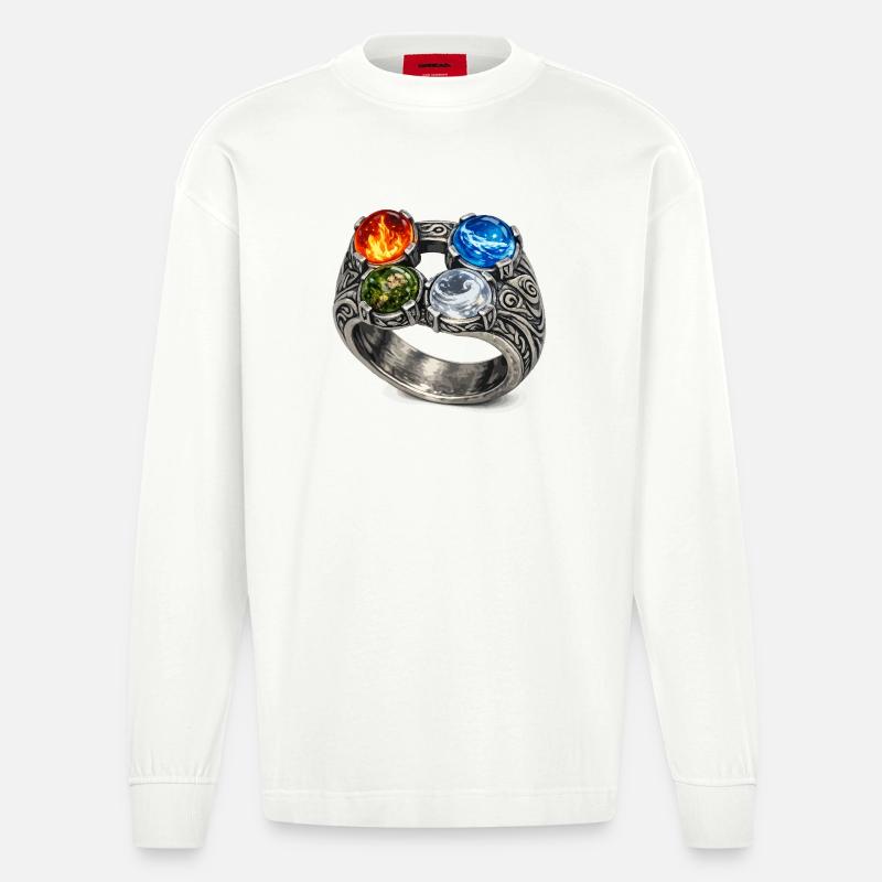 Vier-Elemente-Ring mit Edelsteinen - Heavyweight Oversized Organic Langarmshirt Made in EU - OFF WHITE