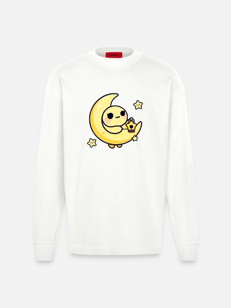 Moonlit Cute Moon with Star Lantern - Heavyweight Oversized Organic Longsleeve Shirt Made in EU - OFF WHITE