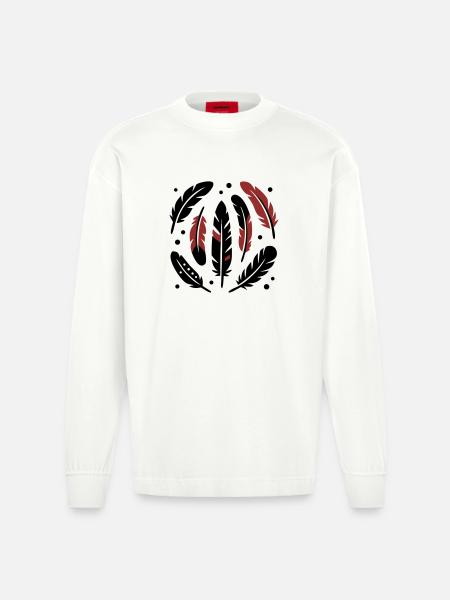 Bird Feathers Circle Logo - Heavyweight Oversized Organic Longsleeve Shirt Made in EU - OFF WHITE