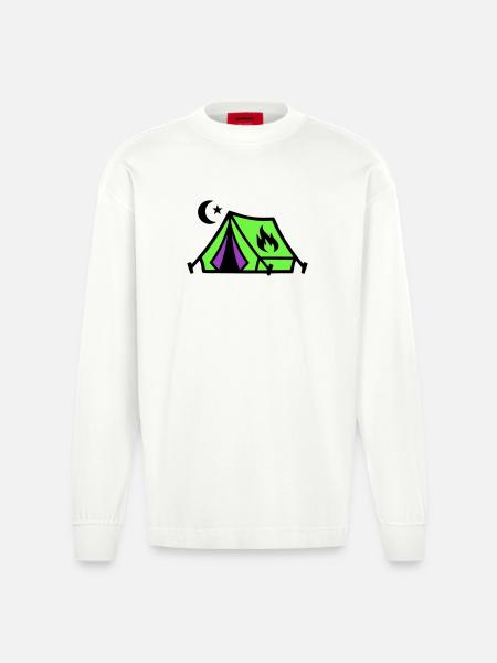 Tent Campfire Festival Icon - Heavyweight Oversized Organic Longsleeve Shirt Made in EU - OFF WHITE
