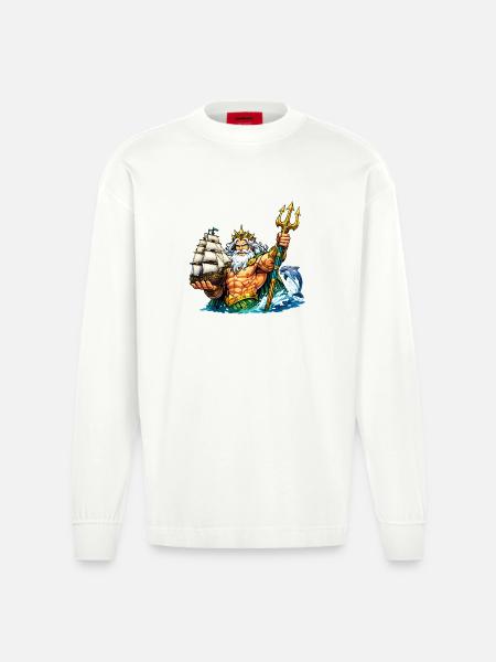 Neptune with sailing ship - Heavyweight Oversized Organic Longsleeve Shirt Made in EU - OFF WHITE
