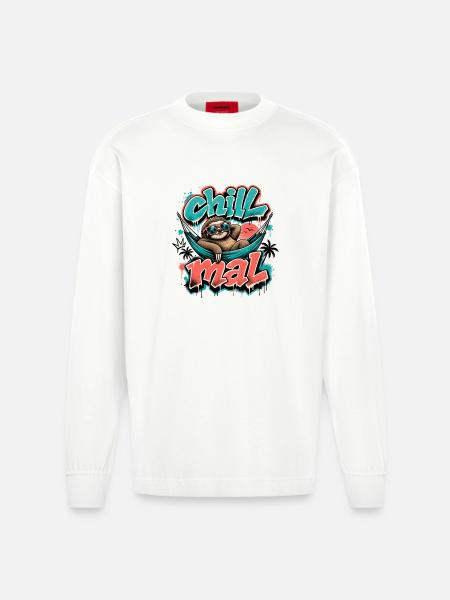 Chill Times Cool Sloth Graffiti Design - Heavyweight Oversized Organic Longsleeve Shirt Made in EU - OFF WHITE