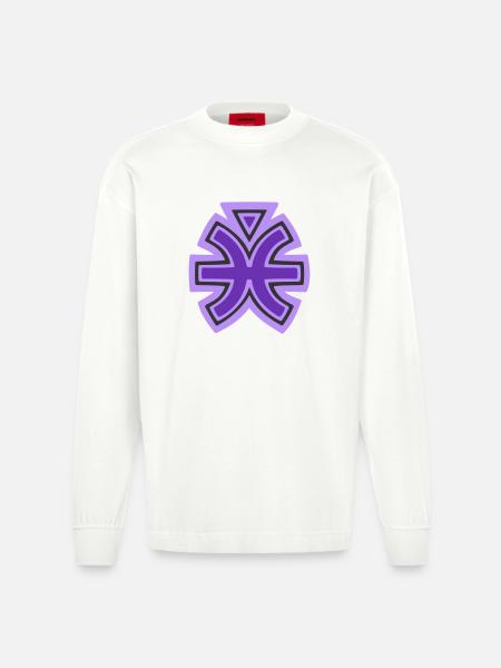 Pisces and Water Tribal Symbol - Heavyweight Oversized Organic Longsleeve Shirt Made in EU - OFF WHITE
