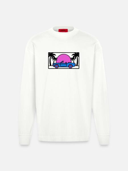 Convertible Palm Trees Sunset Graphic - Heavyweight Oversized Organic Longsleeve Shirt Made in EU - OFF WHITE