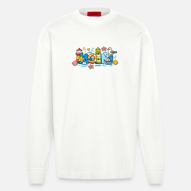 MOIN Möwe Leuchtturm Maritim Bunt - Heavyweight Oversized Organic Langarmshirt Made in EU - OFF WHITE
