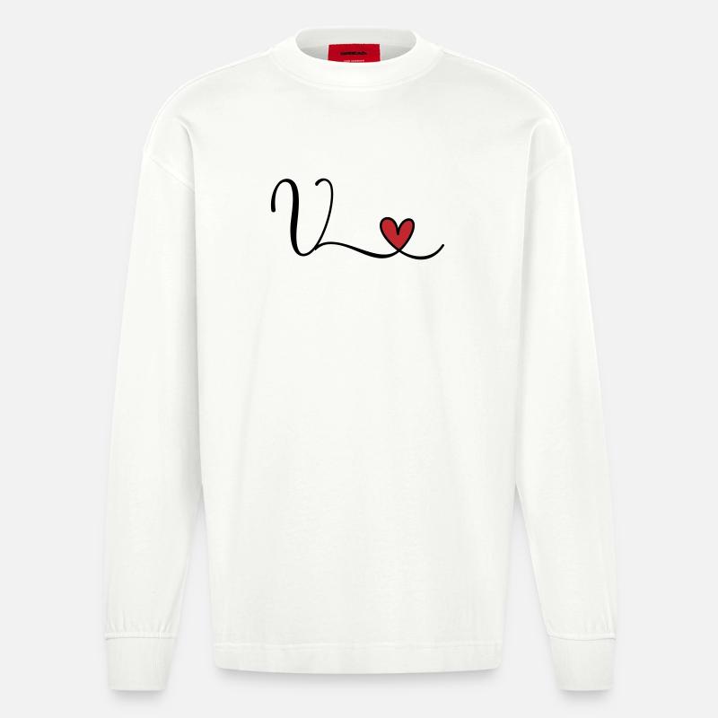 Buchstabe V Monogramm Initiale Herz - Heavyweight Oversized Organic Langarmshirt Made in EU - OFF WHITE