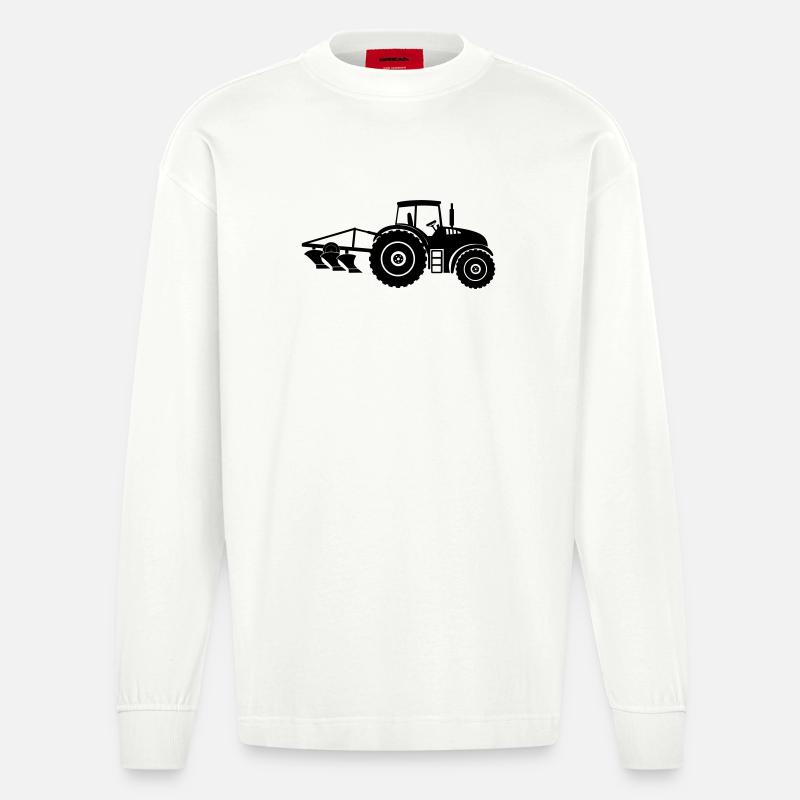 Traktor mit Pflug-Logo-Bauernhof - Heavyweight Oversized Organic Langarmshirt Made in EU - OFF WHITE