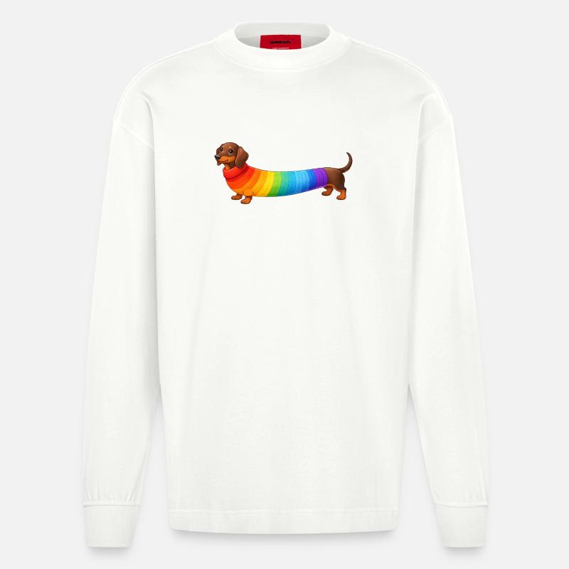 Teckel avec un pull arc-en-ciel - Manches longues bio épais oversize fabriqué en UE - OFF WHITE