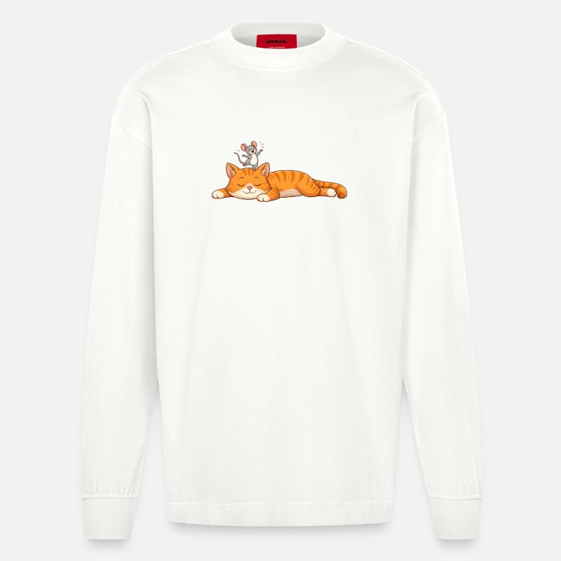 Chat endormi avec souris joyeuse - Manches longues bio épais oversize fabriqué en UE - OFF WHITE