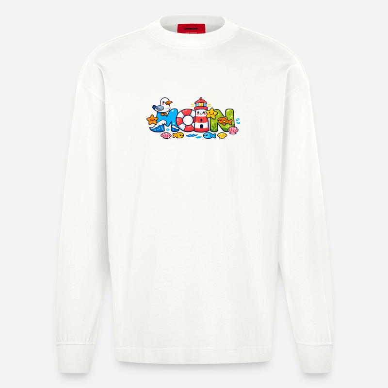MOIN Möwe Leuchtturm Maritim Bunt - Heavyweight Oversized Organic Langarmshirt Made in EU - OFF WHITE