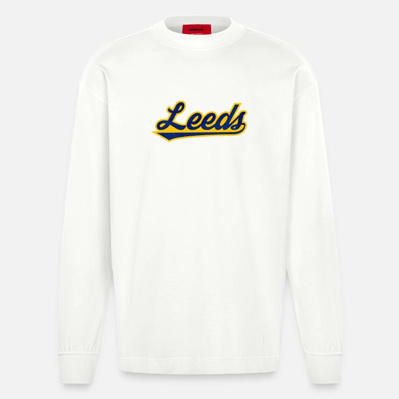 Leeds Script Logo Blau Gelb - Heavyweight Oversized Organic Langarmshirt Made in EU - OFF WHITE