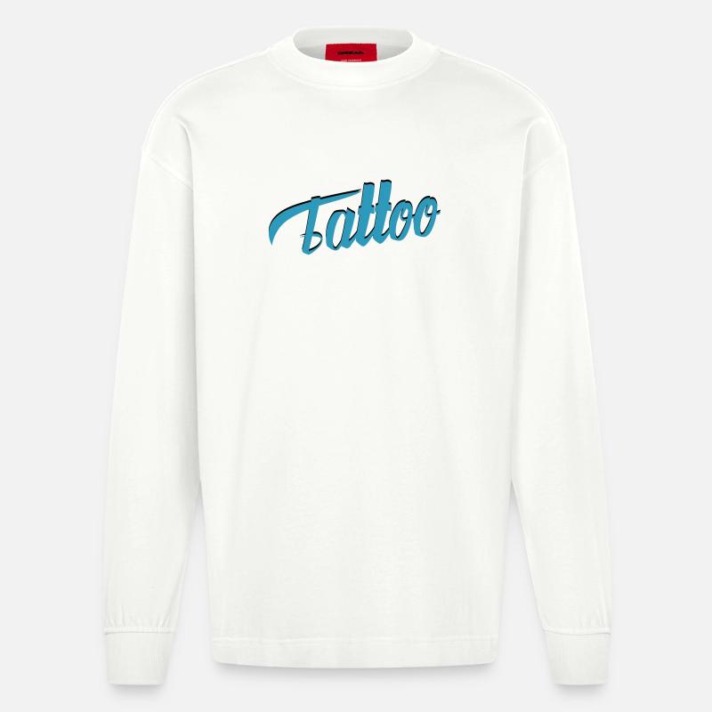 Tattoo Script in Teal - Heavyweight Oversized Organic Langarmshirt Made in EU - OFF WHITE