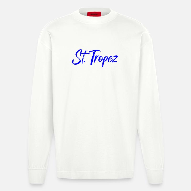 St Tropez Küstenflair Blau Script - Heavyweight Oversized Organic Langarmshirt Made in EU - OFF WHITE