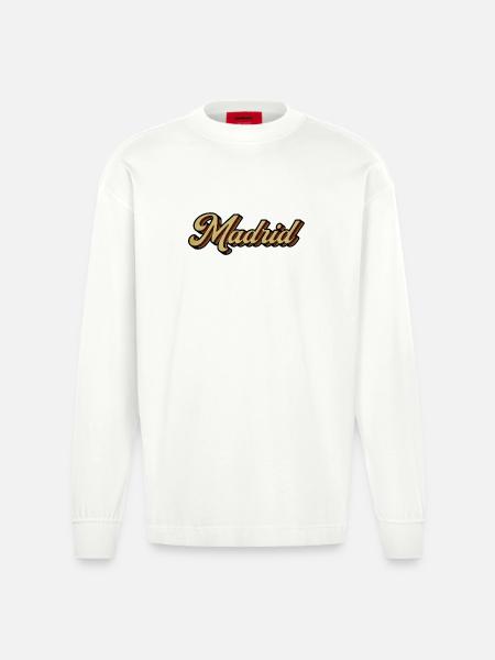 Madrid Retro Striped Script - Heavyweight Oversized Organic Langarmshirt Made in EU - OFF WHITE
