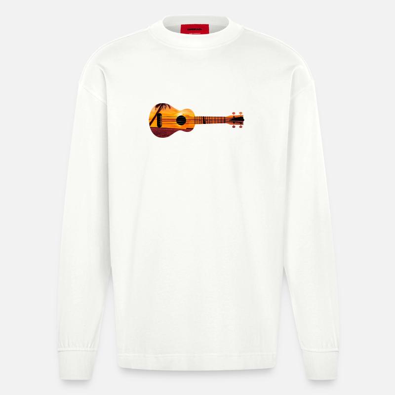 Hawaiian Ukulele Uke Beach Sunset - Heavyweight Oversized Organic Langarmshirt Made in EU - OFF WHITE