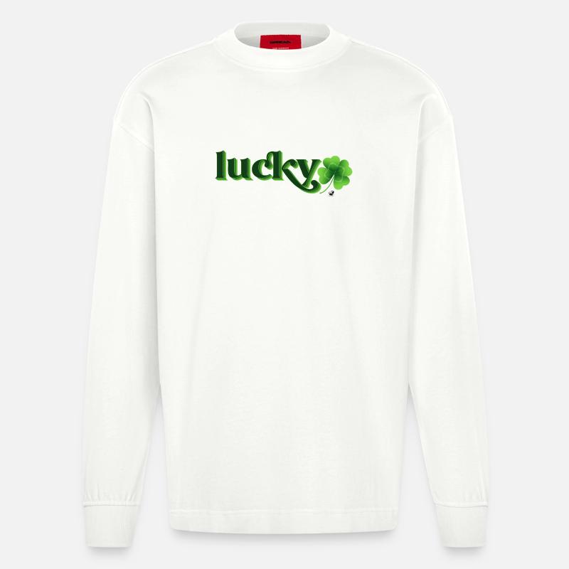 Vierblättrige Kleeblatt Abbildung mit Inschrift - Heavyweight Oversized Organic Langarmshirt Made in EU - OFF WHITE