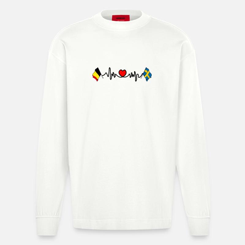 Cardio heart Drapeau Belgique, drapeau Suède - Manches longues bio épais oversize fabriqué en UE - OFF WHITE