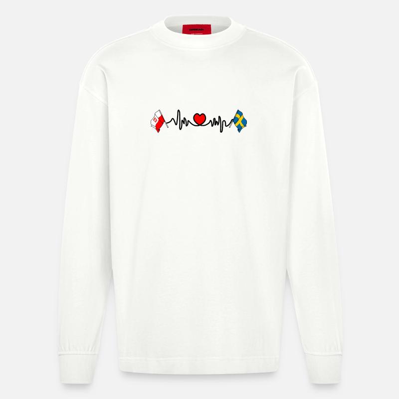 Cardio heart Drapeau Pologne, drapeau Suède - Manches longues bio épais oversize fabriqué en UE - OFF WHITE
