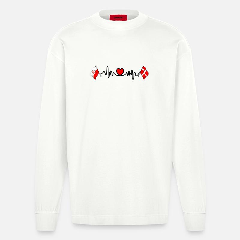 Cardio heart Drapeau Pologne, drapeau Danemark - Manches longues bio épais oversize fabriqué en UE - OFF WHITE