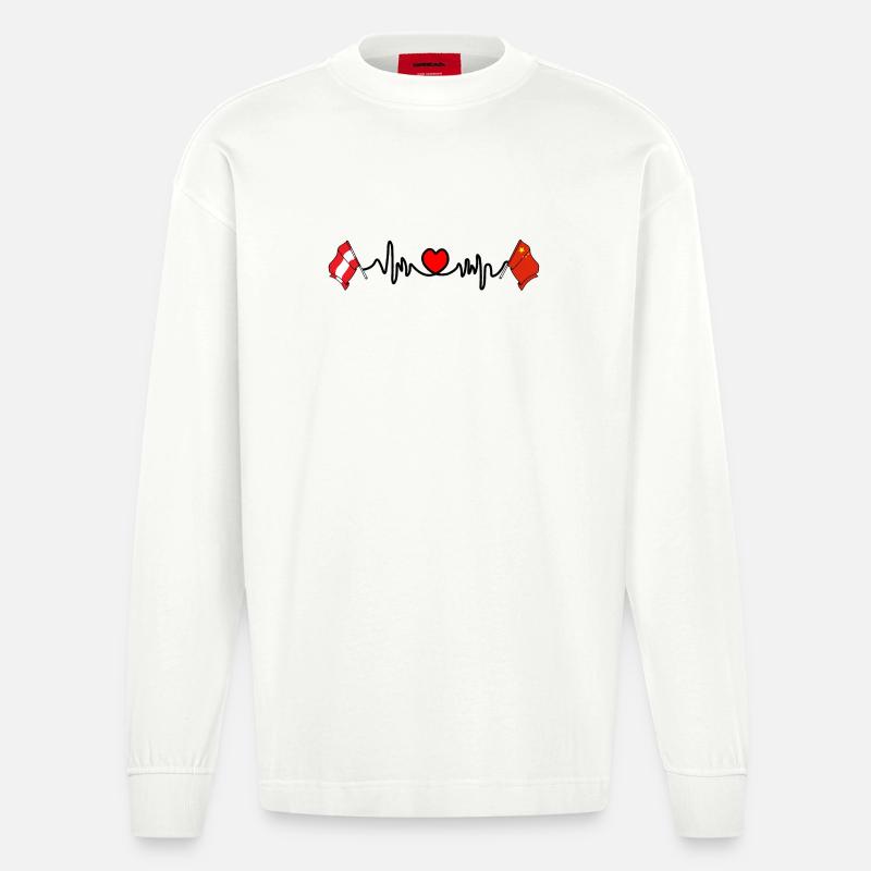Cardio heart Drapeau Autriche, drapeau Chine - Manches longues bio épais oversize fabriqué en UE - OFF WHITE