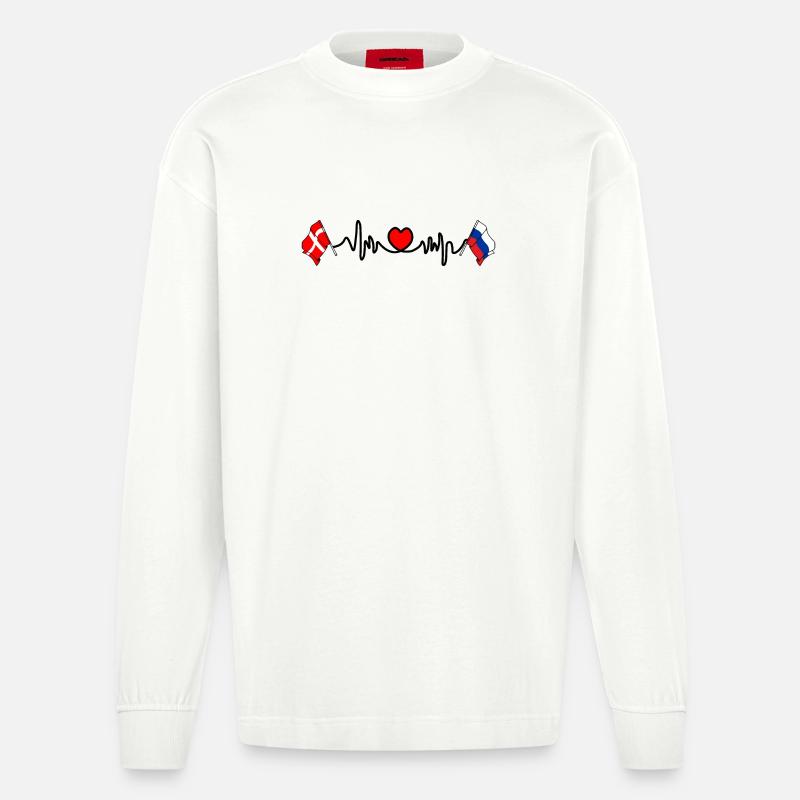 Cardio cardiaque Drapeau Danemark, drapeau Russie - Manches longues bio épais oversize fabriqué en UE - OFF WHITE
