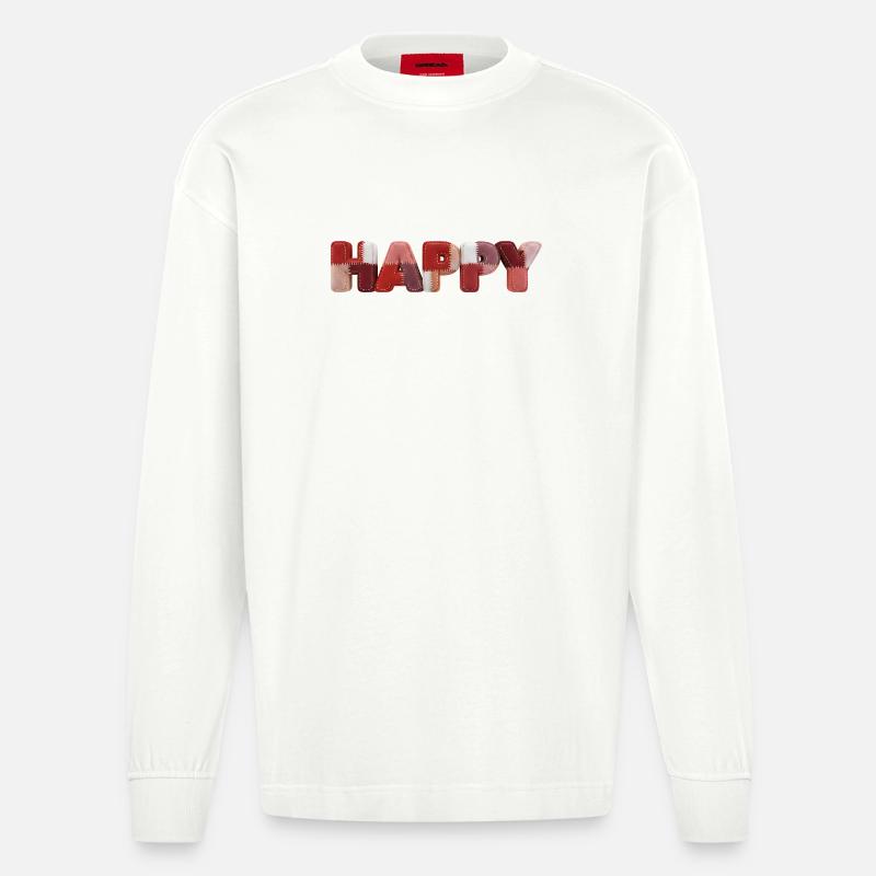 Happy Patchwork Design Stoffflicken Look - Heavyweight Oversized Organic Langarmshirt Made in EU - OFF WHITE