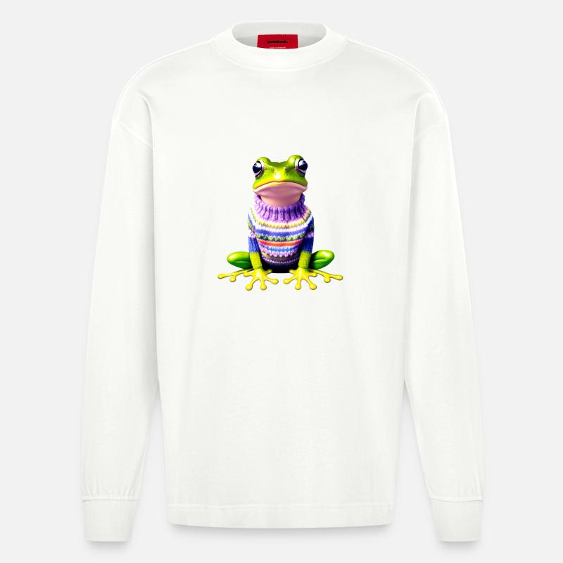Kleiner Regenbogenfrosch mit Norweger-Pullover - Heavyweight Oversized Organic Langarmshirt Made in EU - OFF WHITE