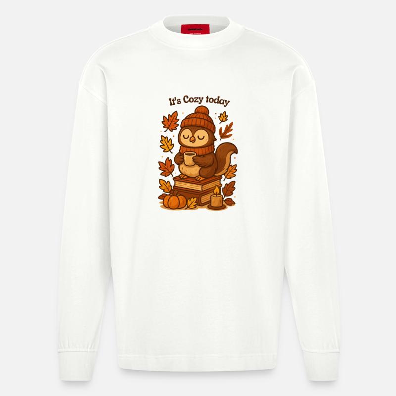 Gemütliche Herbst-Eule mit Tee Mütze  - Heavyweight Oversized Organic Langarmshirt Made in EU - OFF WHITE