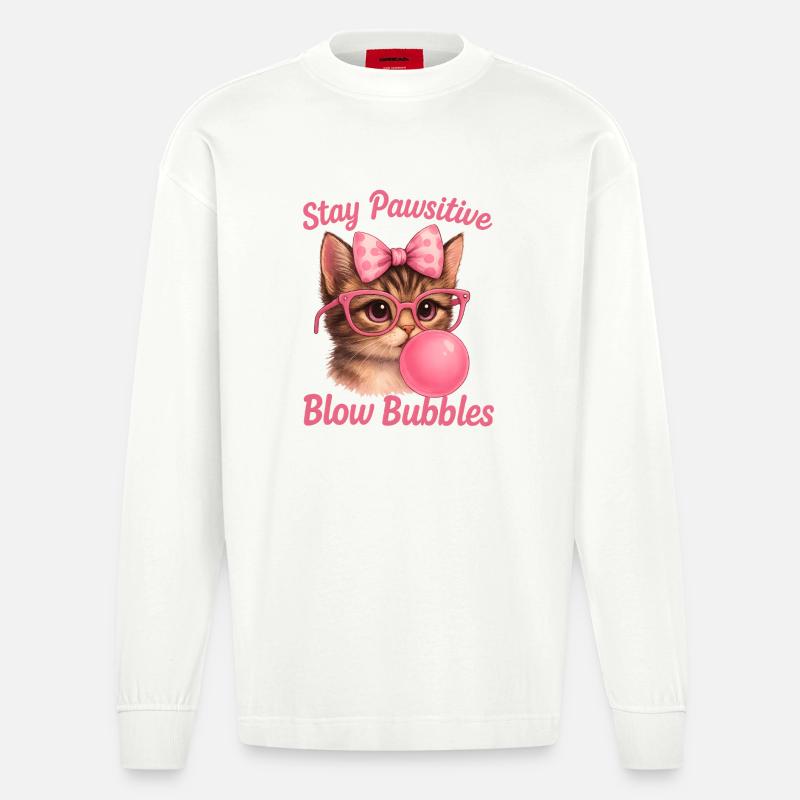 Chat mignon - Stay Pawsitive Blow Bubbles - Manches longues bio épais oversize fabriqué en UE - OFF WHITE