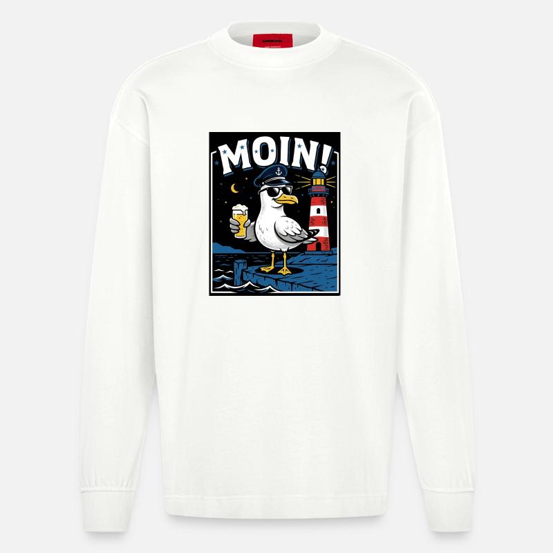 Küste Kneipe Möwe Bier - Heavyweight Oversized Organic Langarmshirt Made in EU - OFF WHITE