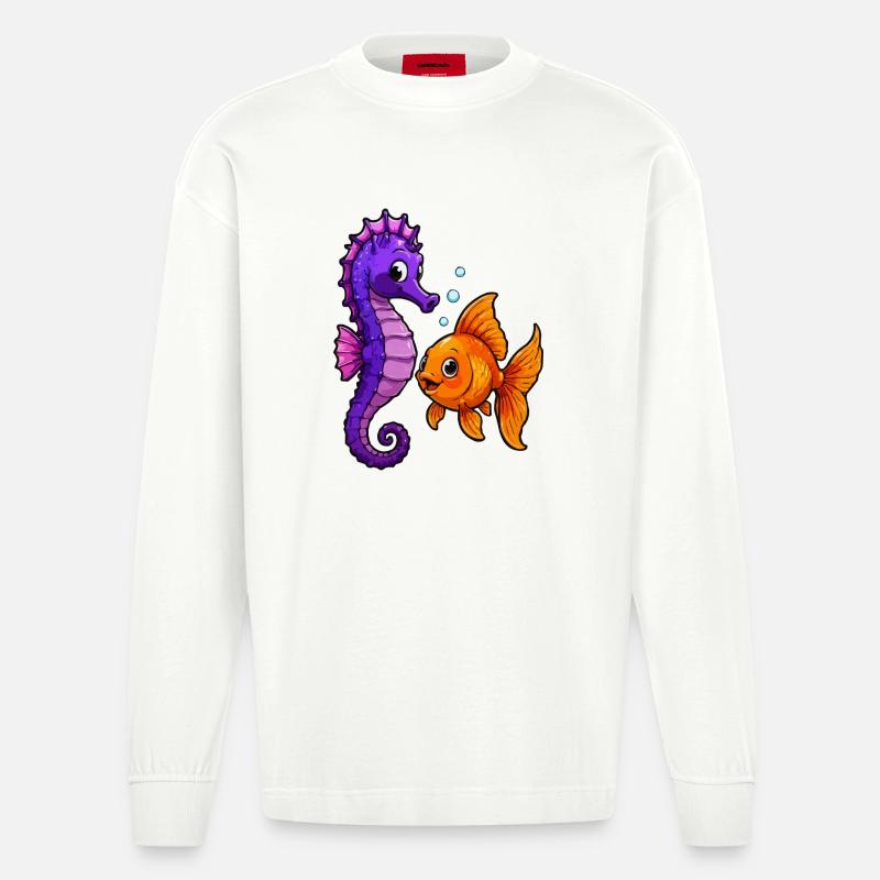 Seepferdchen trifft Goldfisch Freundschaft - Heavyweight Oversized Organic Langarmshirt Made in EU - OFF WHITE