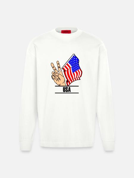 Flag USA peace sign text USA - Heavyweight Oversized Organic Longsleeve Shirt Made in EU - OFF WHITE