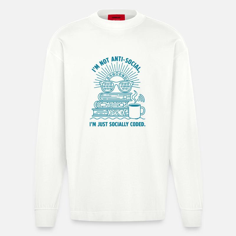 Sozial Codiert: Bücher, Kaffee & Code - Heavyweight Oversized Organic Langarmshirt Made in EU - OFF WHITE