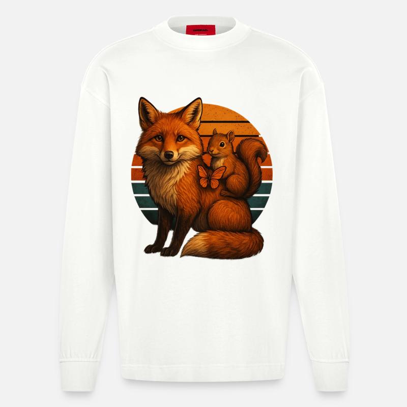 Fuchs Eichhörnchen Retro Tierfreunde - Heavyweight Oversized Organic Langarmshirt Made in EU - OFF WHITE